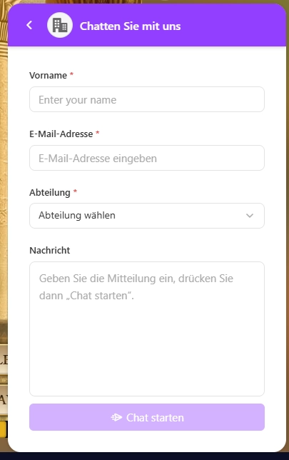 Goatz Casino Live Chat Formular mit Eingabefeldern für Kontaktanfrage