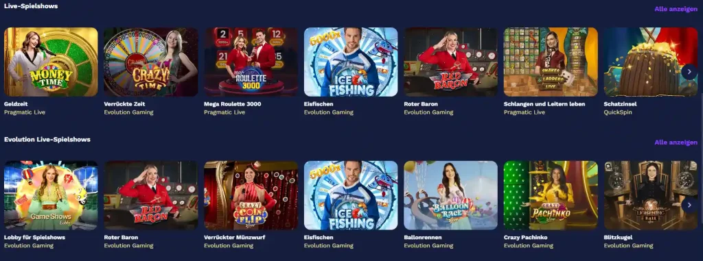 Goatz Casino Live Spielshows Auswahl mit Evolution und Pragmatic Spielen