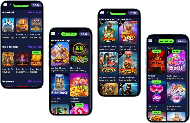 Goatz Casino mobile Ansicht mit Slot Spielen auf mehreren Smartphones