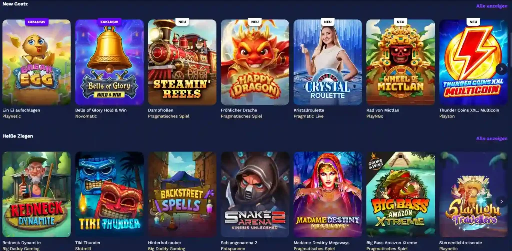 Goatz Casino neue Slots und beliebte Spiele Übersicht mit verschiedenen Anbietern