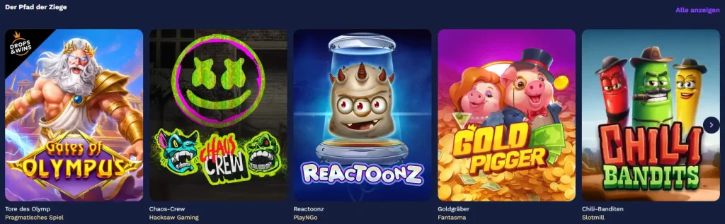 Goatz Casino Slot Spiele Auswahl mit Gates of Olympus und Reactoonz